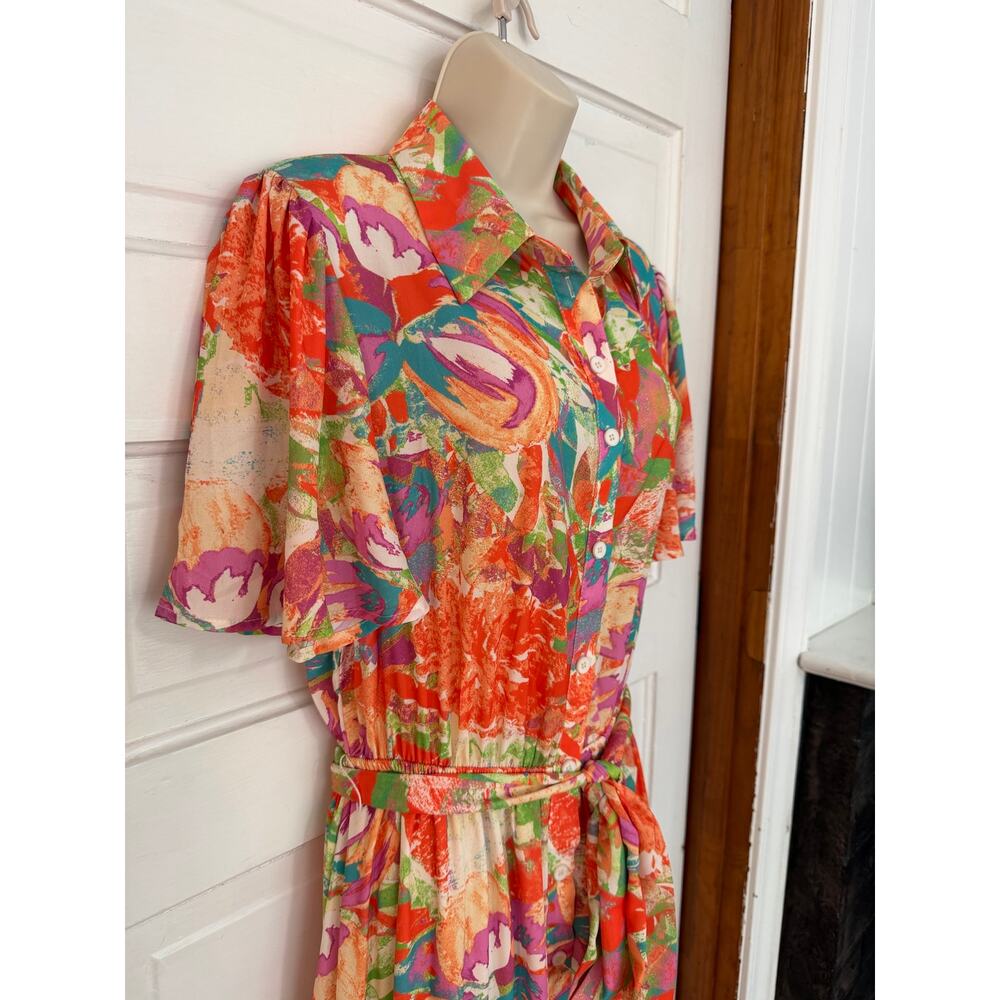 Flying Tomato Dress Vibrant Multi Color Belted Button Layered Resort Wear Large